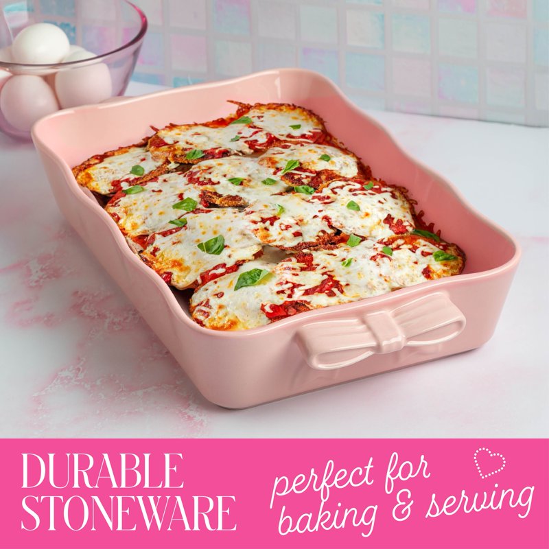 Ceramic Stoneware Lasagna Baker - 13 x 9 Inch, Pink with Bow Handles