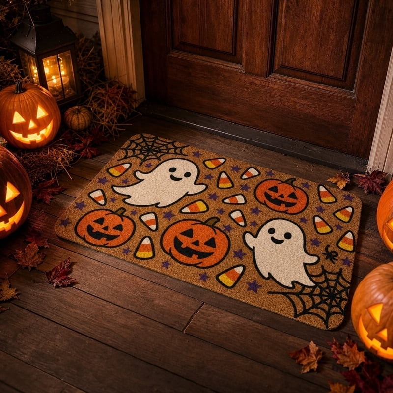 Halloween Doormat Ghost Pumpkin Web Entryway Rug 23.6x15.7in Secure-Grip Absorbent Coir - Variation of THIS listing