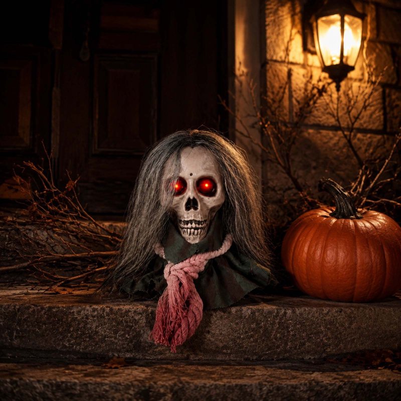 Halloween Moving Skull Head Prop with Long Hair & Glowing Red Eyes - White Variation