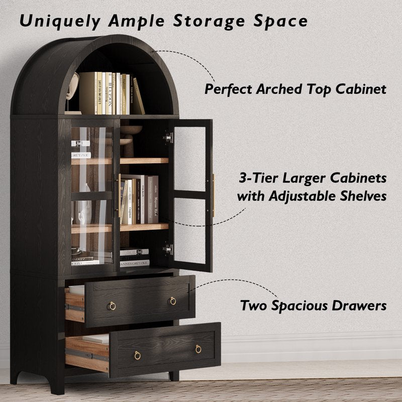 Arched Storage Cabinet with Glass Doors - Black, Adjustable Shelves & Drawers