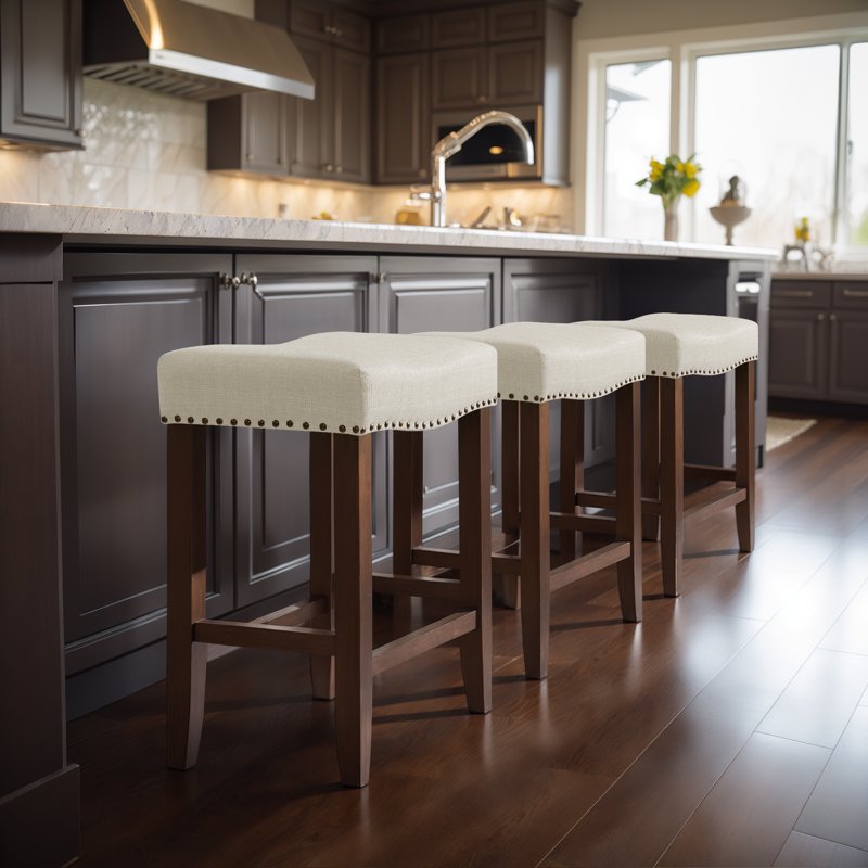 24-Inch Backless Saddle Bar Stool - Ivory Wood Upholstered