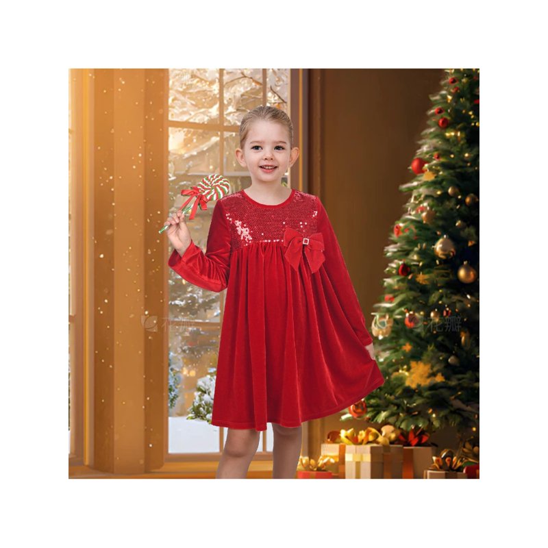 Girls Red Velvet Sequin Bow Dress for Xmas Pageant Weddings - 10 Years