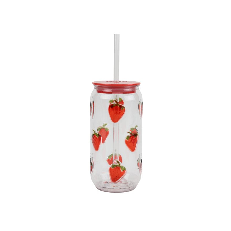 18oz Embossed Strawberry Can Sipper Tumbler with Straw Set - 4-Piece