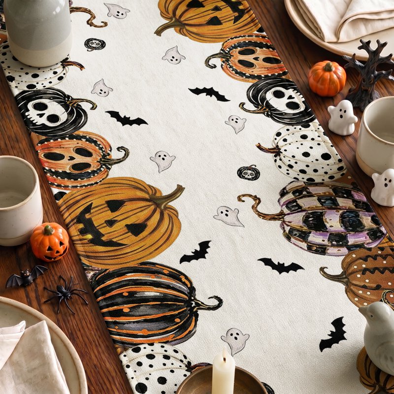 Mexican Skull Pumpkin Halloween Table Runner - Day of the Dead Decor 13x72 Inch B