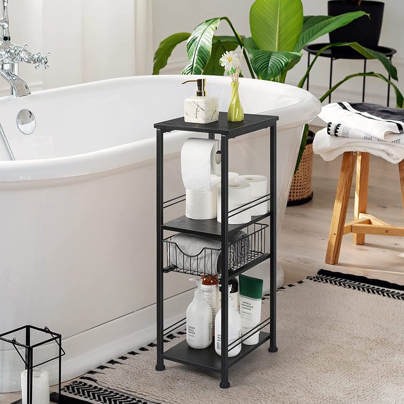 Black 3-Tier Freestanding Bathroom Shelf with Drawer and Toilet Paper Holder - Oumilen