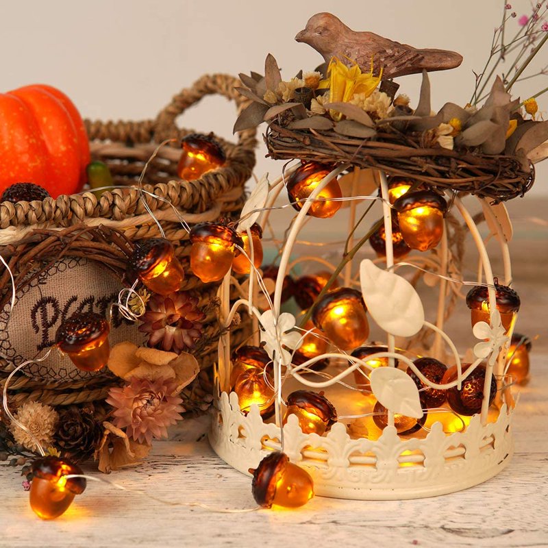 Morttic 3D Acorn Fall Decor String Lights Battery Powered with Remote & Timer - 10ft, 30 LEDs, Indoor/Outdoor Thanksgiving Halloween Halloween Autumn Tree Ornaments
