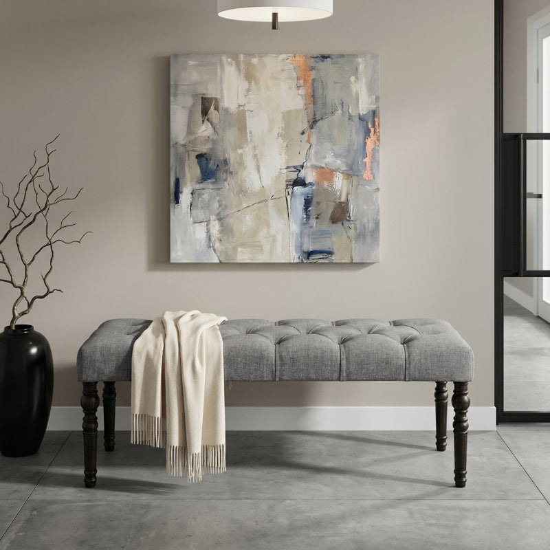 Tufted Fabric Dining Bench with Turned Legs - Gray