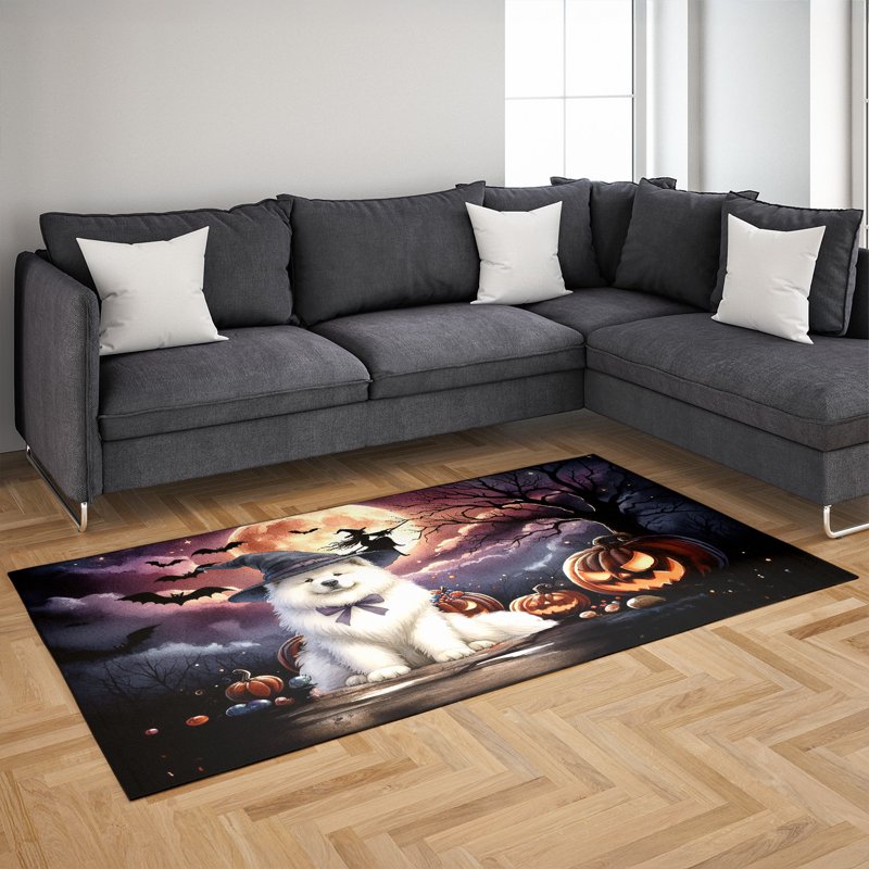 36x60 Inch Samoyed Area Rug - Halloween Night Witch Glowing Pumpkins Indoor Carpet