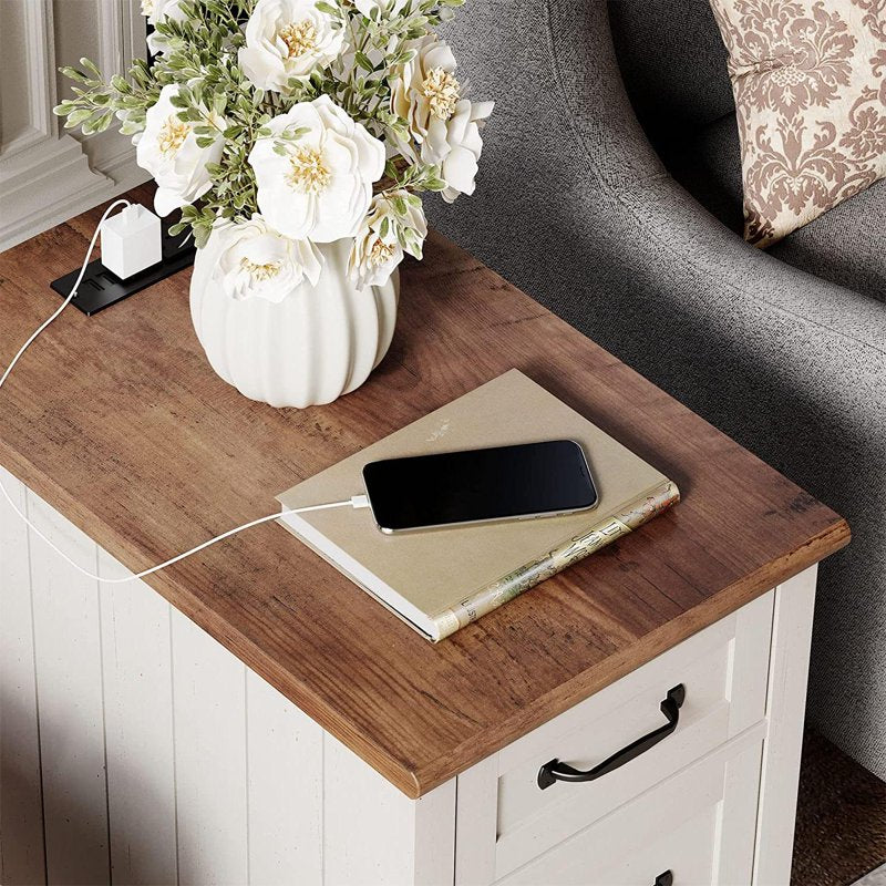 End Table with Charging Station and Storage Drawer - White