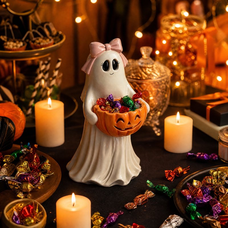 Cute Ghost Pumpkin Candy Bowl - Halloween Figurine & Treat Jar #022
