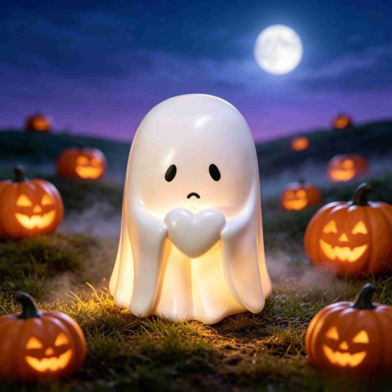 Cute Halloween Ghost Figurine Holding Heart - Handmade Spooky Decor E