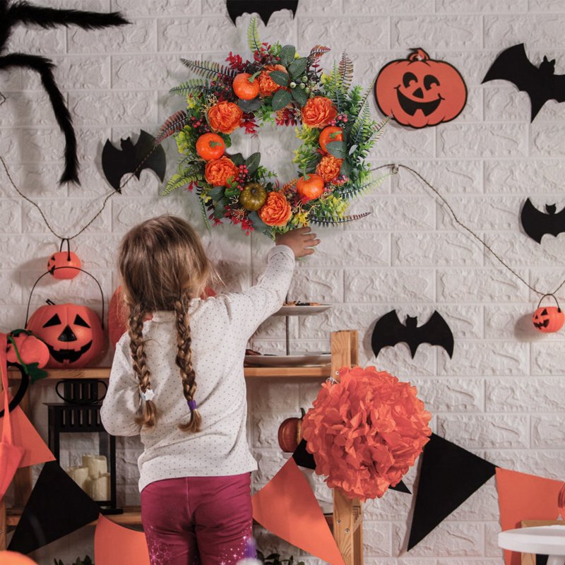 Fall Wreath for Front Door - 17.7in Halloween Autumn Decor with Pumpkins and Berries