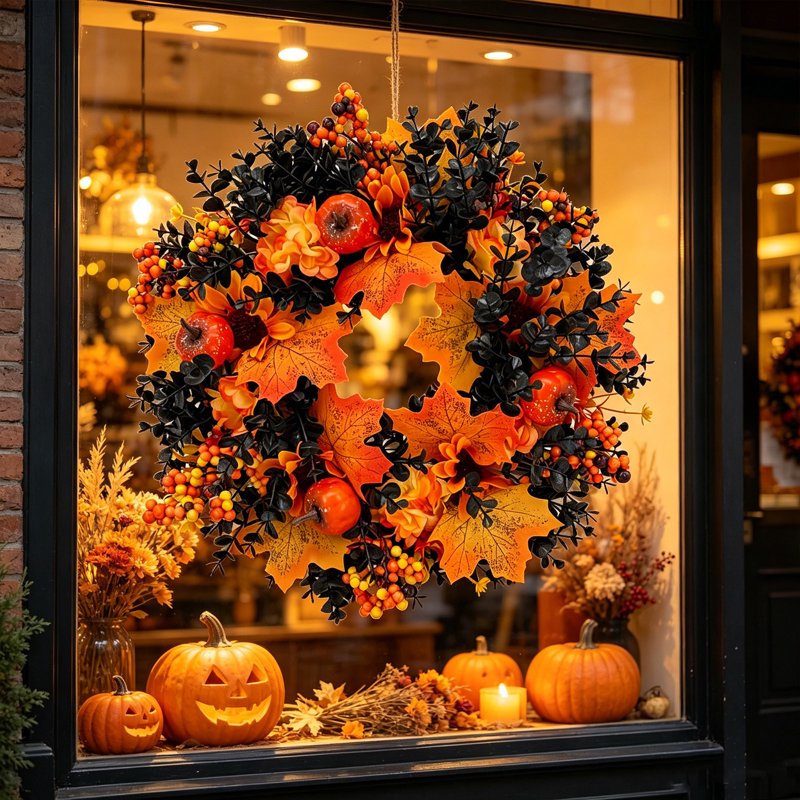 Fall Wreath for Front Door & Indoor Decor - Halloween & Thanksgiving - Variation E-9