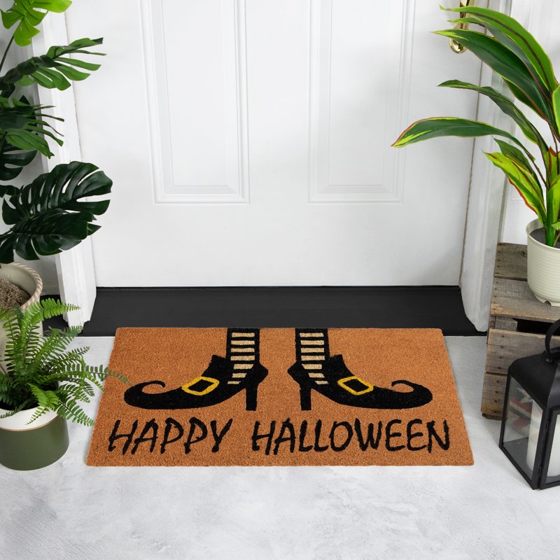 Halloween Doormat - Witch Shoes & Happy Halloween Text - Orange & Black, 30 Inches - Under 2' x 3' Variation of THIS listing