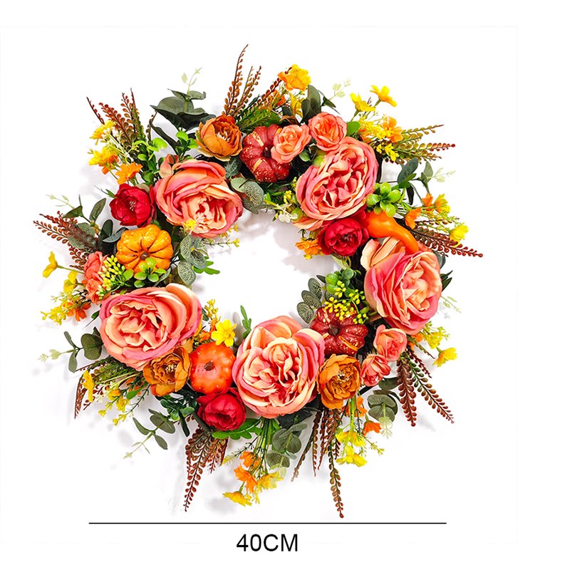 Autumn Pumpkin & Peony Wreath for Front Door - Fall Harvest Decor 15.74"