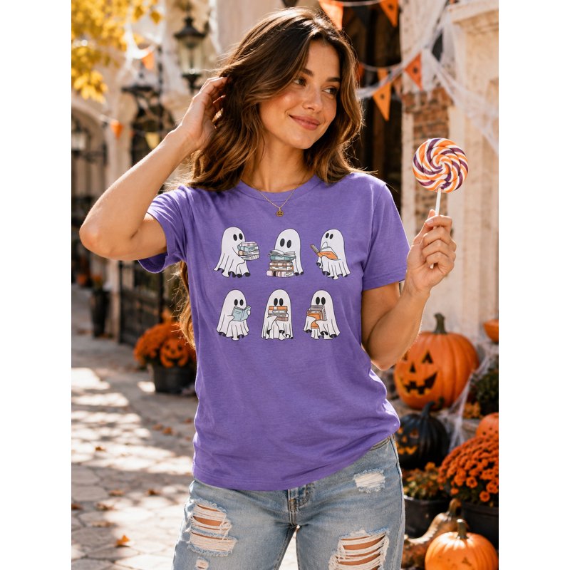 Women's Halloween Ghost Book Worm Graphic Tee - Purple XL