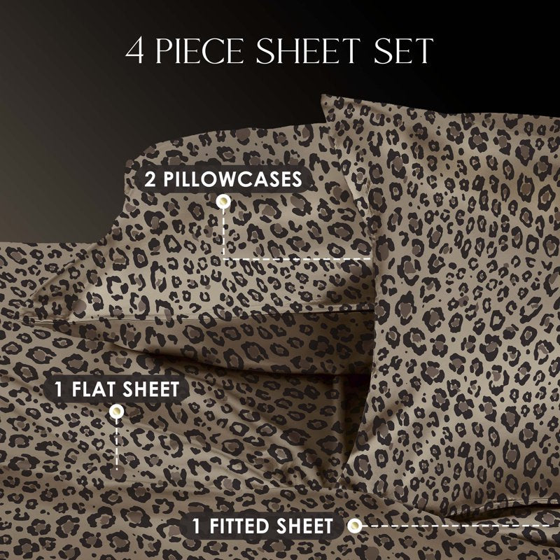 California King Satin Sheet Set - Leopard - Silky Smooth Bed Linen for Hair & Skin