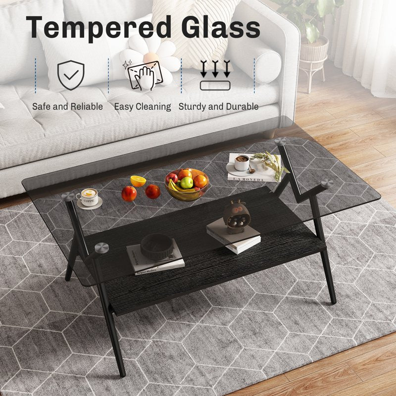 Modern Glass Coffee Table with Lower Shelf - Rectangle Design