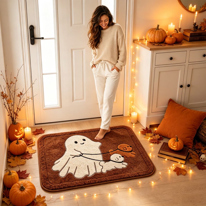 Halloween Doormat with Ghost Walking Dogs, 23.62x15.75in - Cute Indoor Front Door & Bath Floor Mat - Variation: 59 Square
