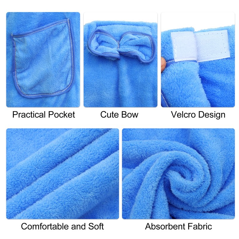 Women's Blue Bath Wrap Towel with Pocket & Adjustable Closure