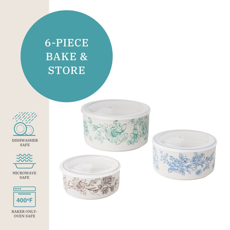 Agatha 6-Piece Round Nesting Baker Set with Lids - Floral Design