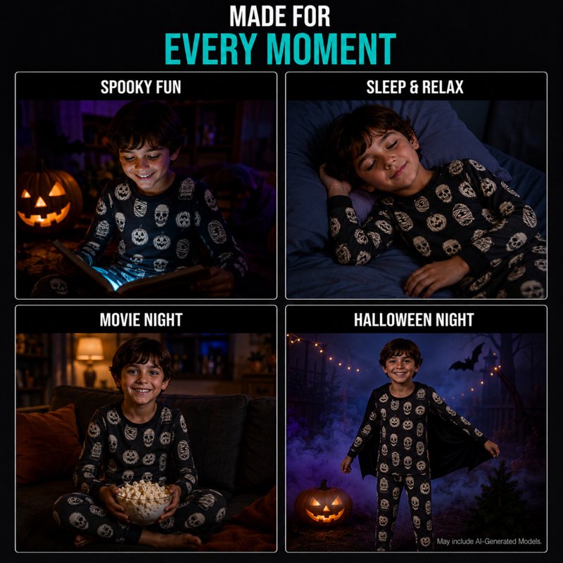 Halloween Boys Pajama Set Long Sleeve Glow-In-The-Dark Skeleton 7-8 Variation of THIS listing