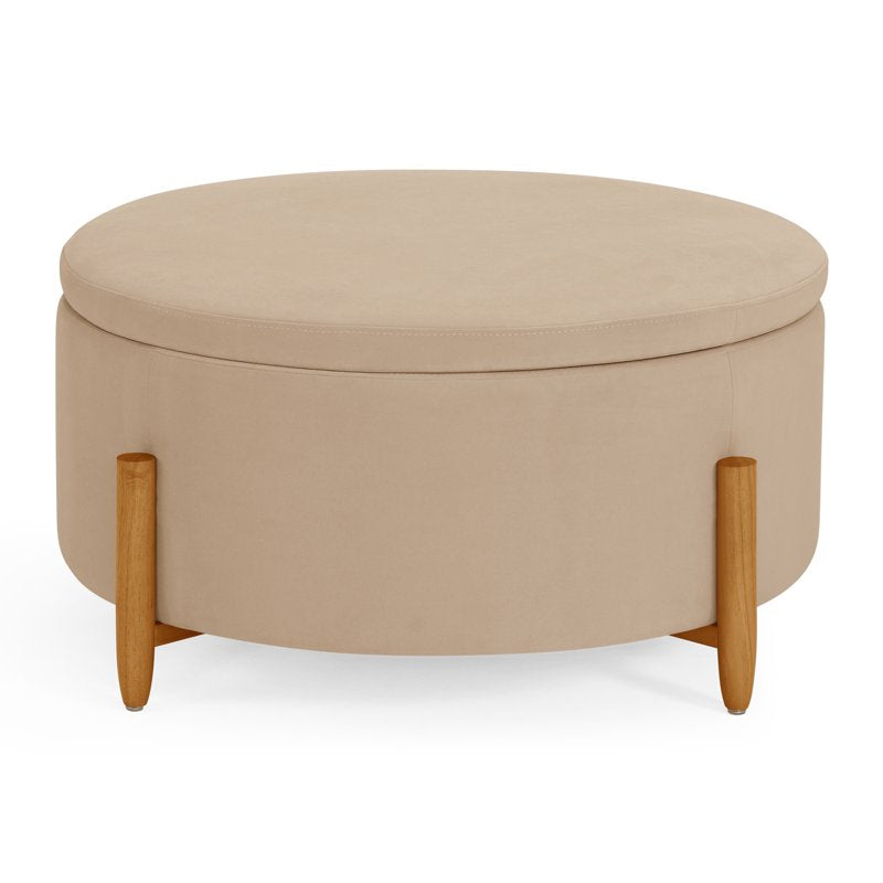 Round Storage Ottoman in Beige Velvet with Hidden Storage