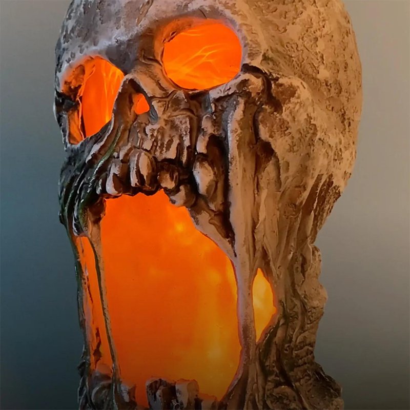 12-Inch Light-Up Animated Skull Halloween Decoration with Flames