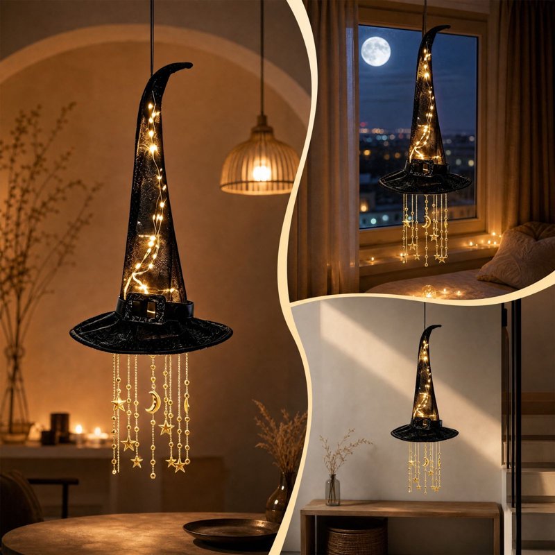 Lighted Witch Hat Hanging Decor - Long Hat Variation for Halloween & Gothic Spaces