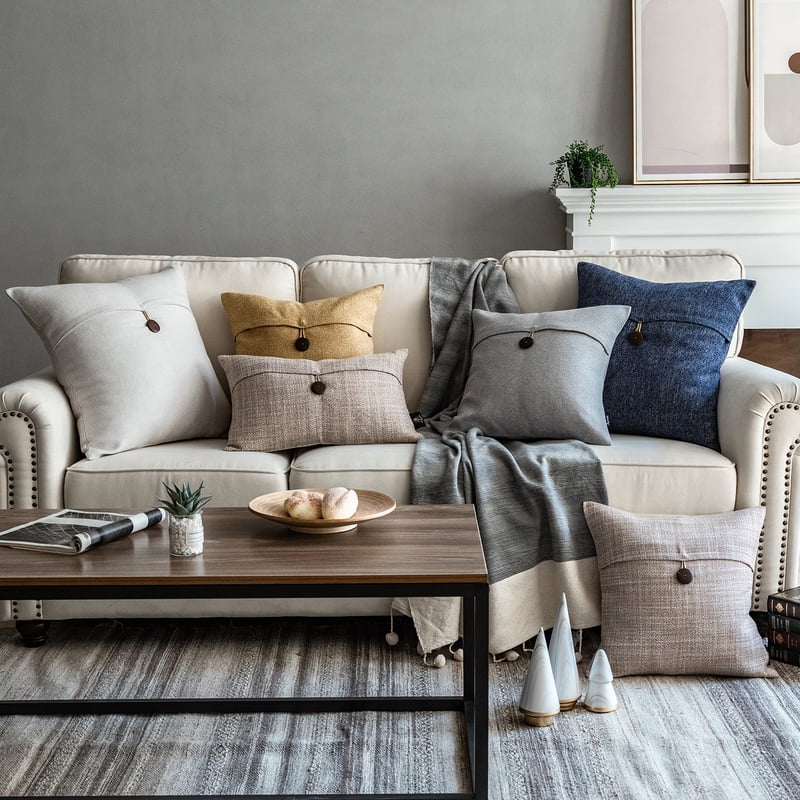 22x22 Navy Blue Cotton Blend Farmhouse Square Throw Pillow Set - Single Button Design