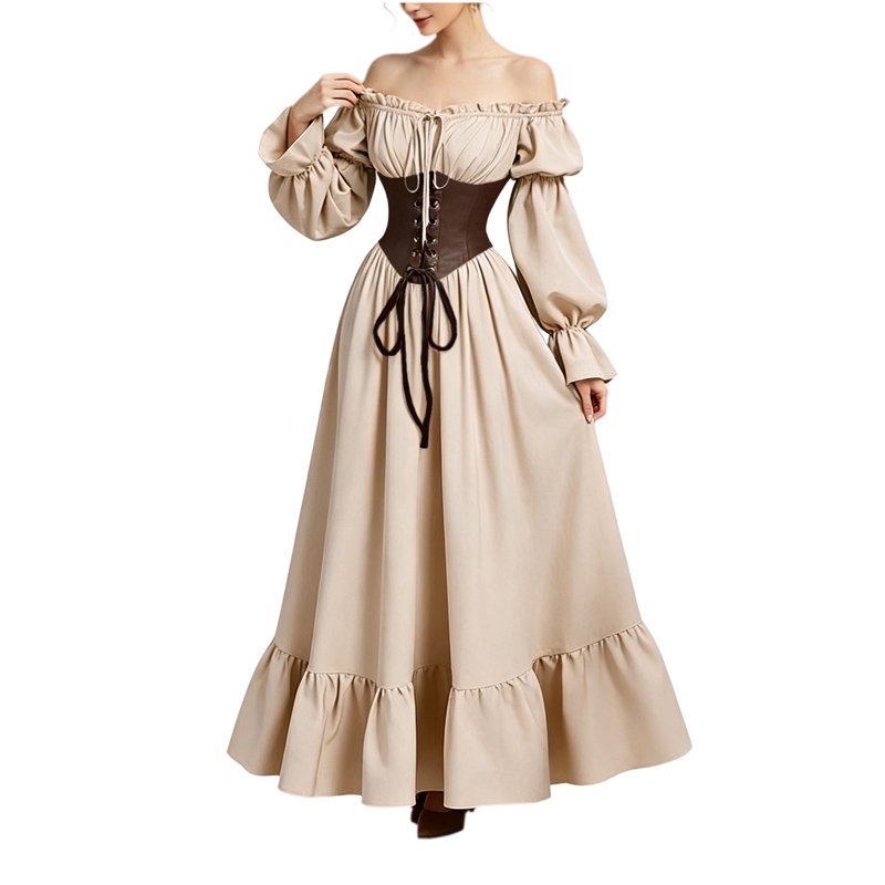 Gothic Corset Maxi Dress for Women Halloween Victorian Off Shoulder Ruffle Hem Beige XL - Variation BB-Beige