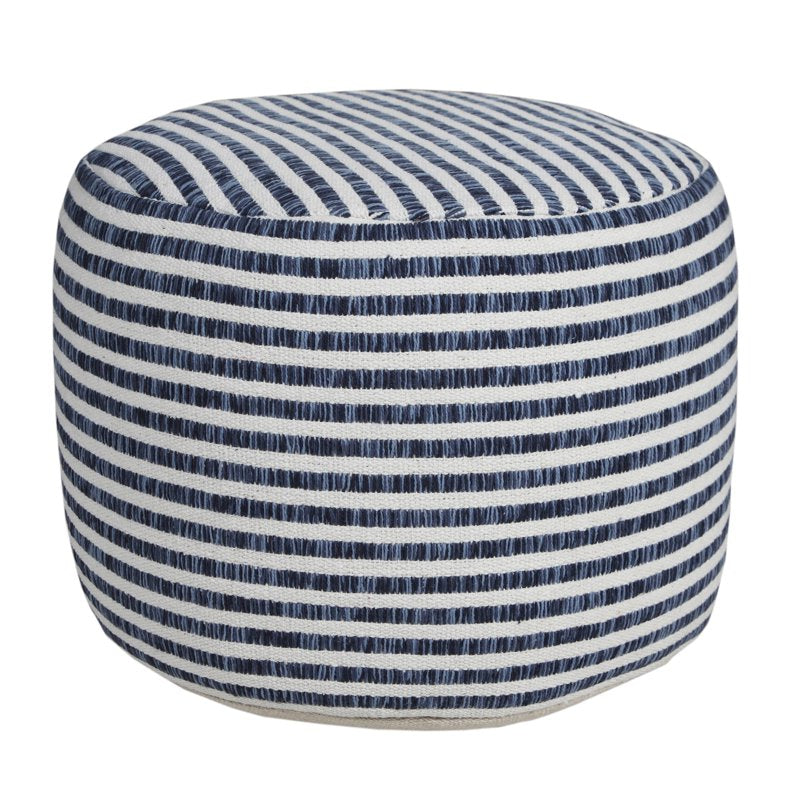Navy/White Striped Indoor Pouf Ottoman 14x18 Inch - Small Round Footstool