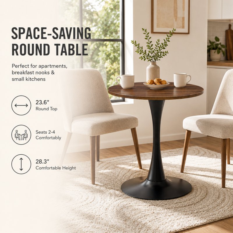 23.6” Round Dining Table - Small Pedestal Tulip Style - Dark Walnut
