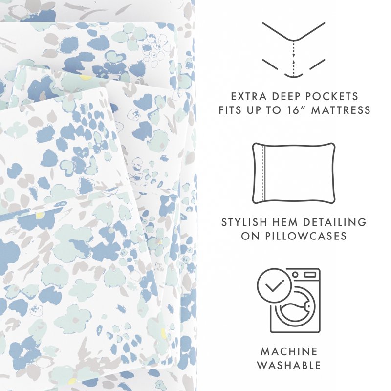 Full Blue Violets Pattern Microfiber Bed Sheets Set - 4 Piece