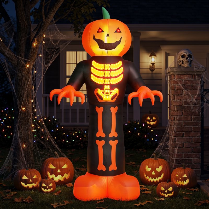 12 FT Halloween Inflatable Pumpkin with 3D Glowing Skeleton Chest and LEDs
