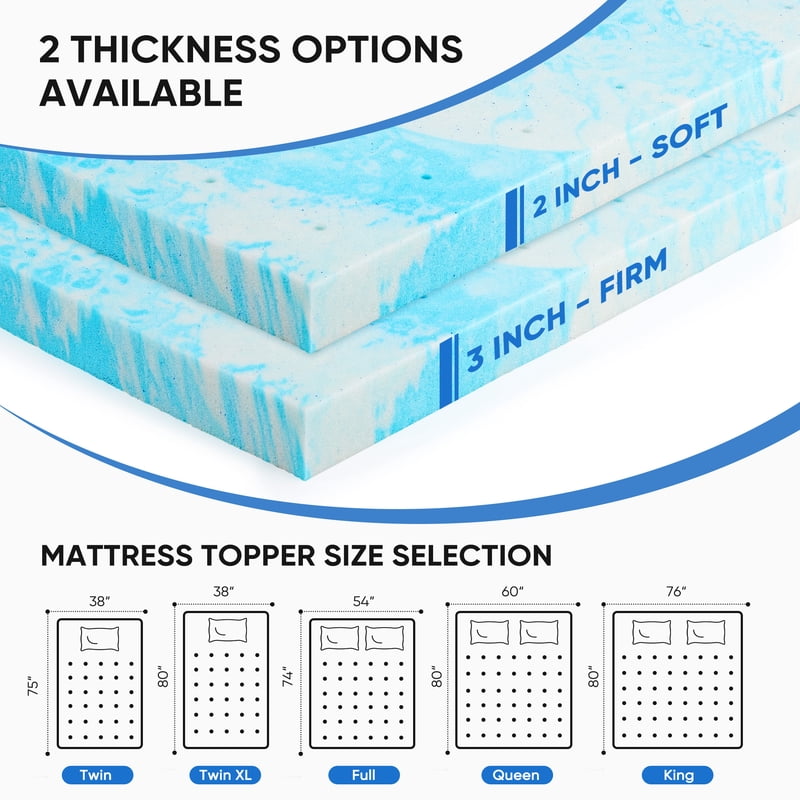 Twin Size Memory Foam Mattress Topper 2 Inch Gel Cool Support Bed Comfort