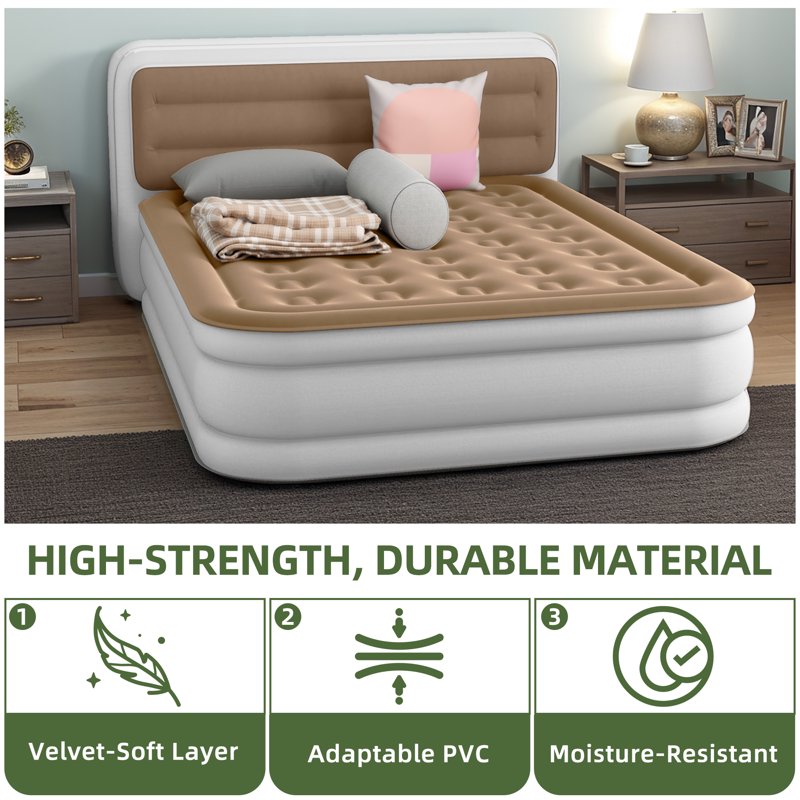 Queen Size Inflatable Air Mattress with Built-in Headboard and Pump - Durable Flocked Top, Portable for Indoor & Outdoor Use