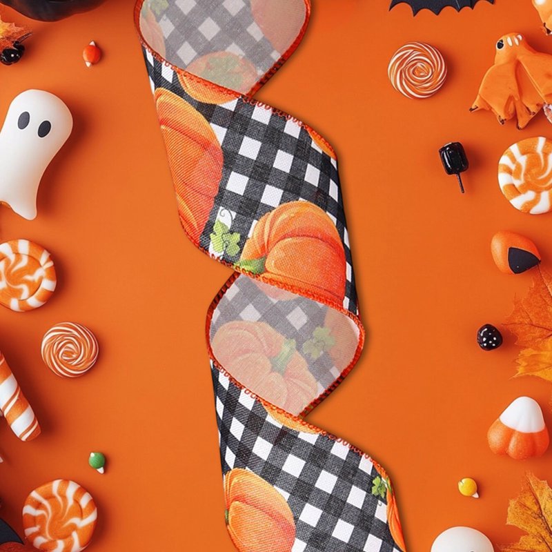 Fall Wired Edge Ribbon for Wreaths & Garlands - Pumpkin & Maple Leaf Design - Decor_K