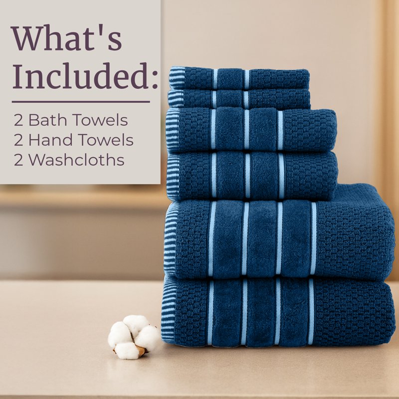 Luxury 6-Piece Cotton Bath Towel Set with Rice Weave - Navy