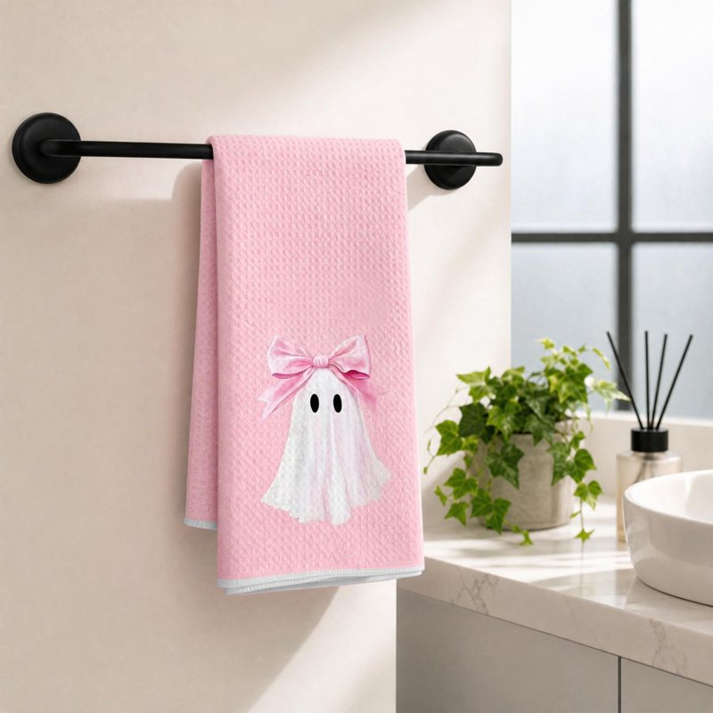 Pink Ghost Halloween Kitchen Hand Towel - Cute Fall Bathroom Decor - Variation K-A