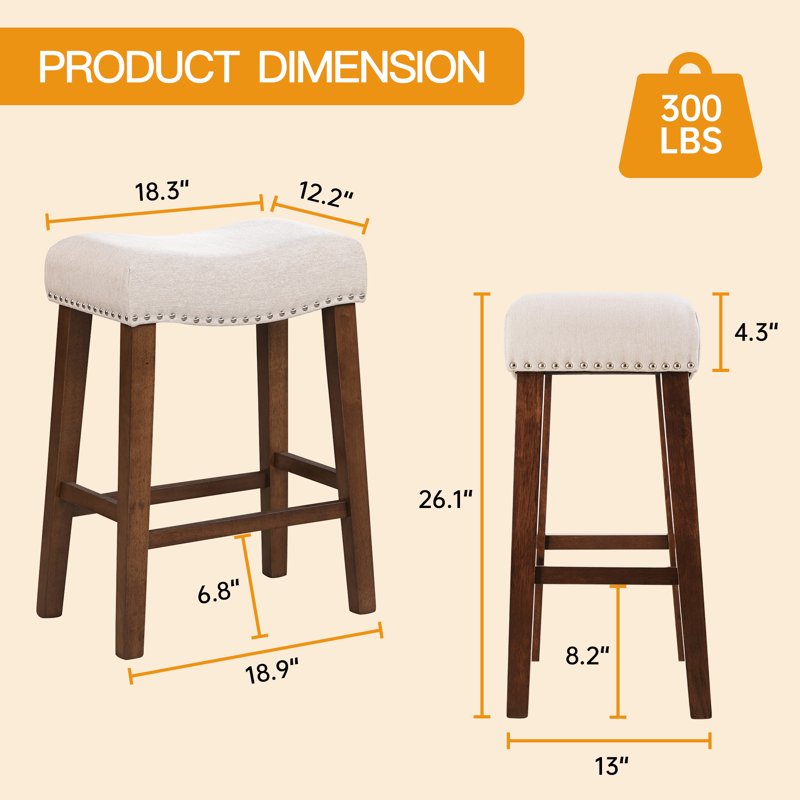 26" Counter Height Bar Stools Set of 3 - Beige Fabric Saddle Chairs