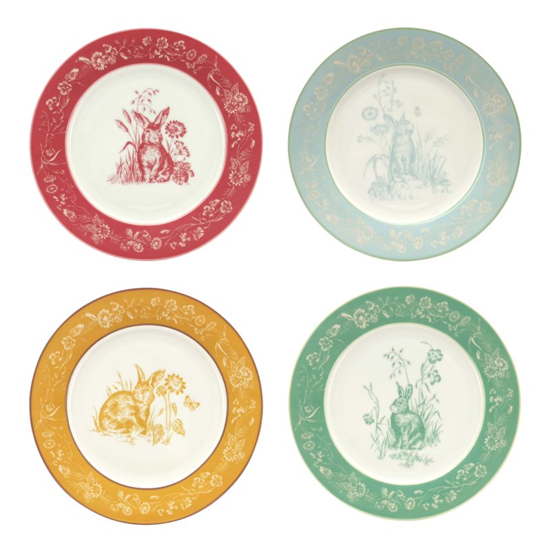 Multi-Color Ceramic Appetizer Plates - 4 Pack with Bunny Design
