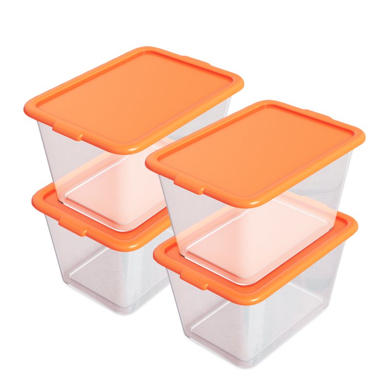 4-Pack 14.5-Gallon Plastic Storage Bins with Lids - Orange & Clear, Stackable Totes