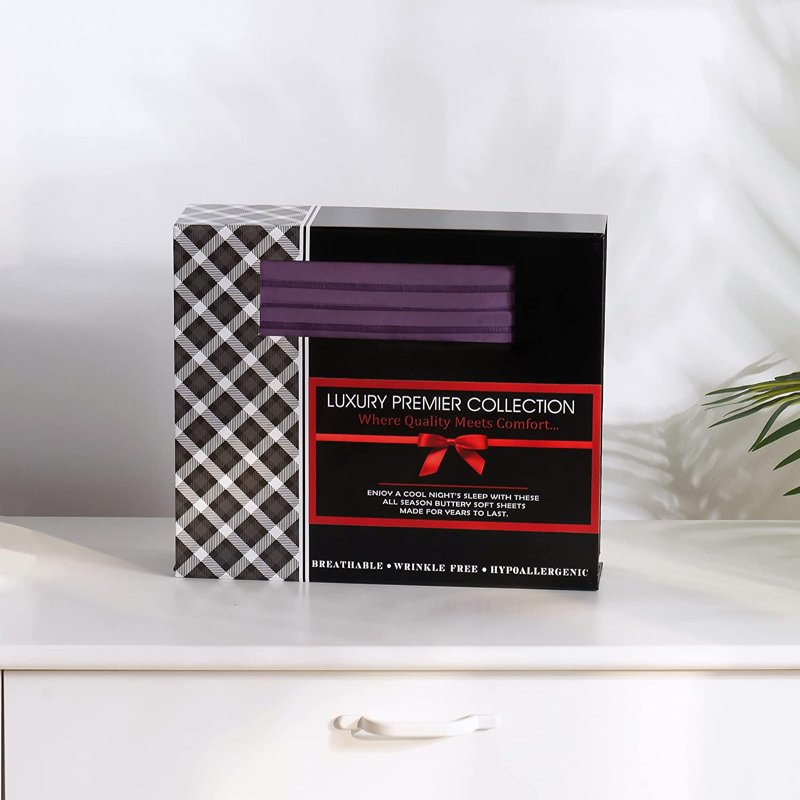 Full Eggplant Purple Bed Sheet Set - 4 Pieces in Gift Box, Deep Pocket & Easy Fit