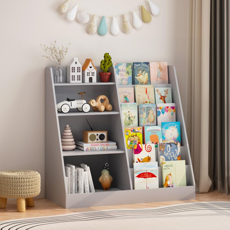 4-Tier Children's Bookshelf with Toy Storage - Gray