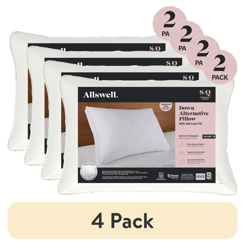 (8 Pack) Allswell Down Alternative Bed Pillows - Medium Firmness, Standard/Queen, Supportive & Soft