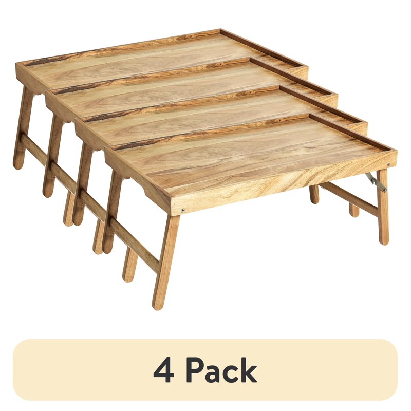Acacia Wood Bed Tray with Stand - 4 Pack, Natural Finish