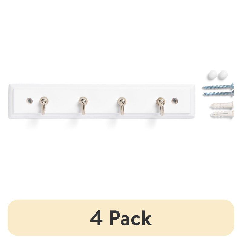 4 Pack Wall-Mounted Key Rail with Satin Nickel Hooks - White, 8.75 Inch - Includes Hardware
