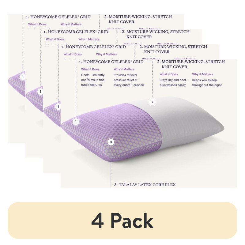 4 Pack Purple Harmony Pillow Tall Standard - 360º Purple Grid Hex Technology, Hypoallergenic