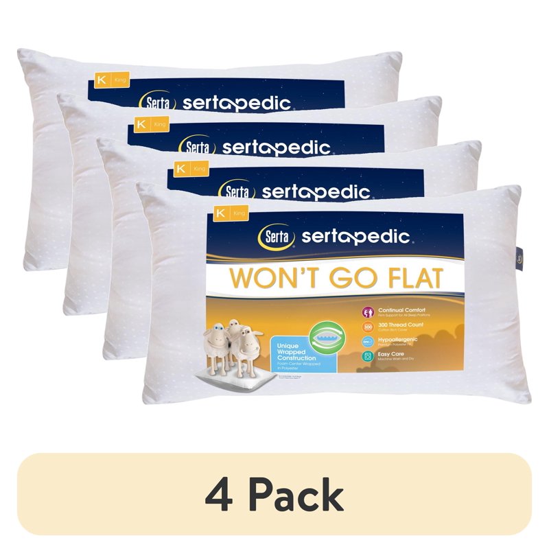 (4 Pack) King Pillow - Sertapedic Won't Go Flat Support & Comfort - Hypoallergenic, Cotton-Poly Blend